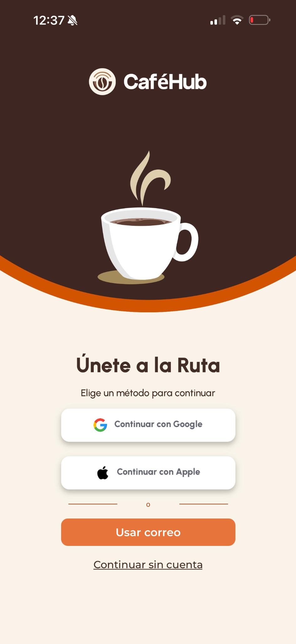Pantalla real de acceso a CaféHub: Únete a la Ruta, con opciones de Google, Apple y correo